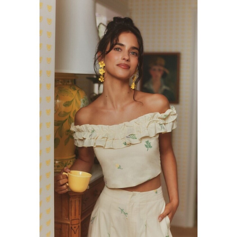Lulus Rowena Cream Embroidered Ruffled Crop Top White - Size S